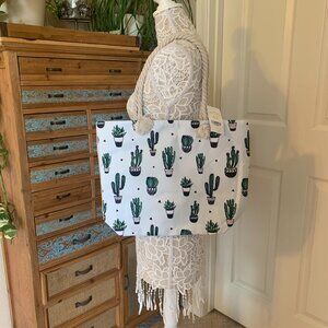 Cactus Garden Print Tote Bag - Green and White - W/ Rope Handles - NWT
